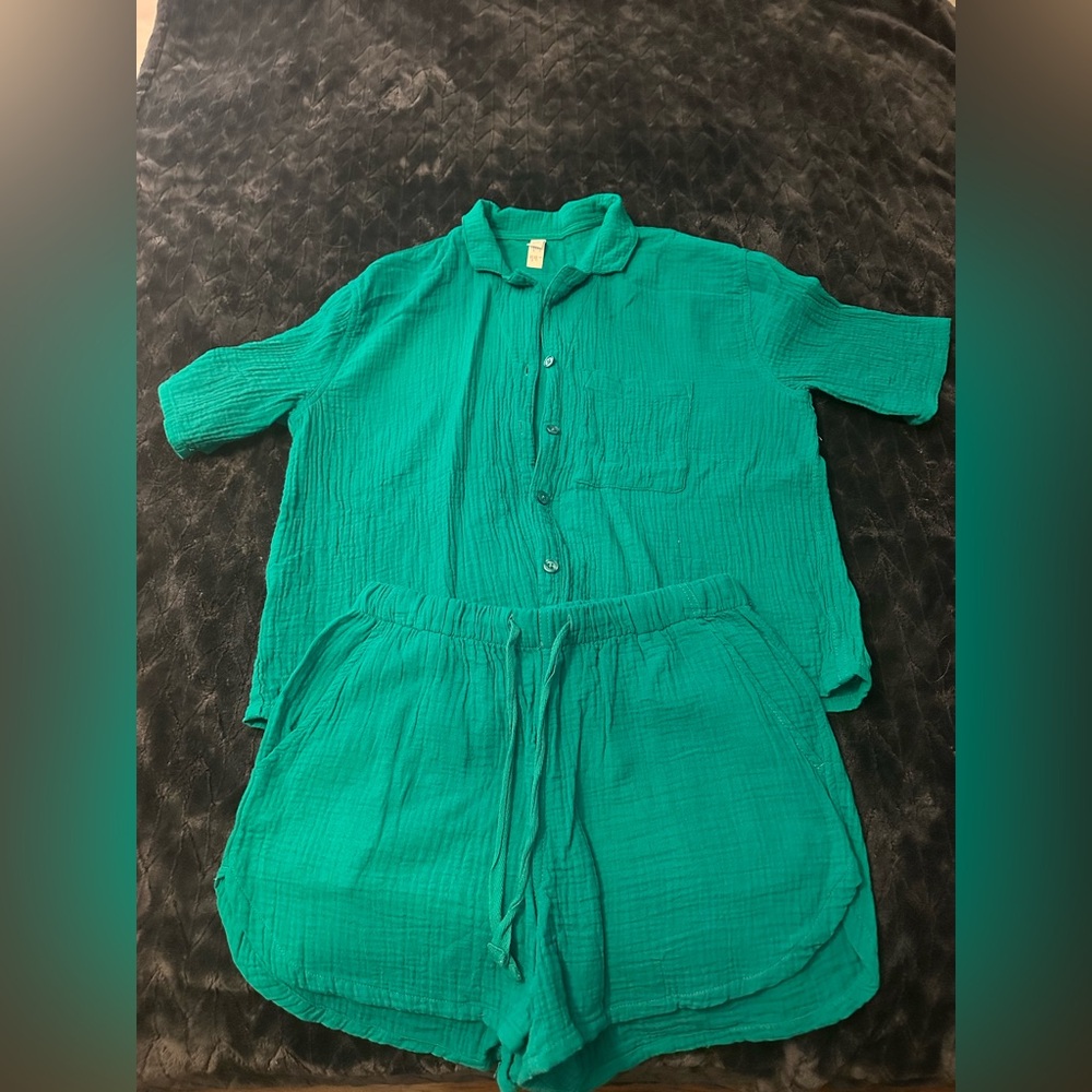 Stars Above Teal/Green Casual Button Linen Matching Set